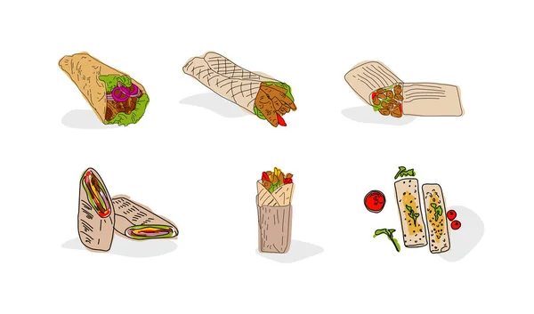 Masakan Shawarma Dan Bahan Untuk Kebab - Stok Vektor