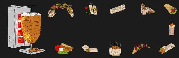 Shawarma Yemeği Kebap Malzemeleri — Stok Vektör