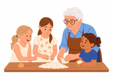 Geleneksel tarifler büyükannenin rehberliğinde öğrenildi ve mutlu yüzler.