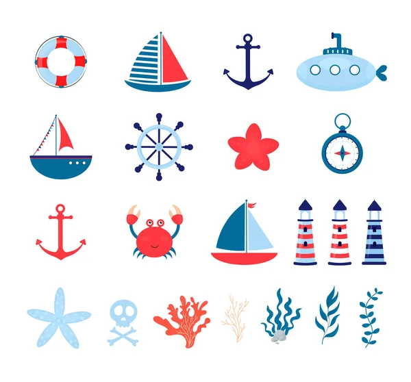 Nautical Theme Cartoon Sea Life Colorful Set Sea Transport Elements — Stock Vector