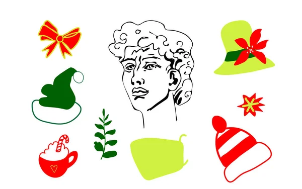 Vector Set Ancient Greek Head David Christmas Hats New Year — Wektor stockowy