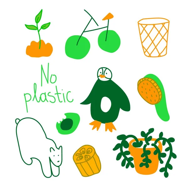 Set Ecological Illustrations Green Orange Collection Images Saving Planet Our — Stok Vektör