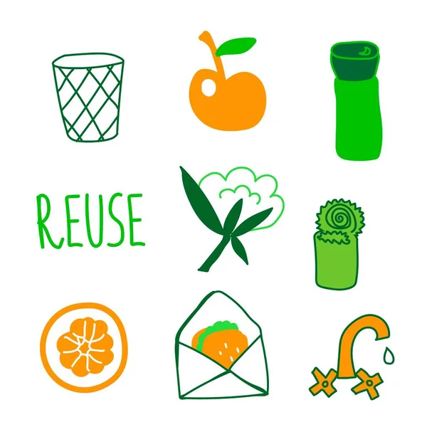 Set Ecological Illustrations Green Orange Collection Images Saving Planet Our — ストックベクタ