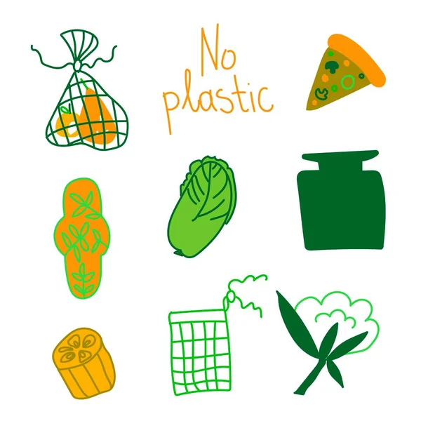 Set Ecological Illustrations Green Orange Collection Saving Planet Our Children — Stok Vektör