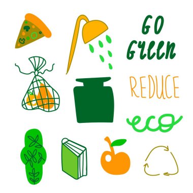 Set of ecological illustrations in green,orange.A collection of images for saving the planet for our children.Clip art with garbage,gasket,go green,reduce,fruit,package,glass in doodle style. 