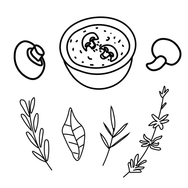 Vektor Reihe Von Illustrationen Mit Champignons Kräutern Suppe Doodle Stil — Stockvektor