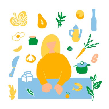 Bir kadın ve karalama stilinde malzemeler içeren bir dizi illüstrasyon. Parlak turuncu, mavi, yeşil renkli yemek pişirme koleksiyonu. Pastalı klip sanatı, çilek, otlar. Paketleme için tasarım, tarifler..