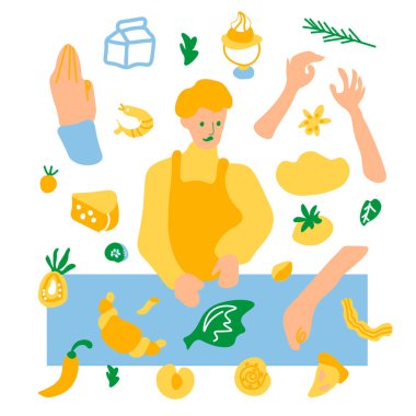 Karalama stilinde bir adam ve malzemeler içeren bir vektör kümesi. Turuncu, mavi, yeşil renkli koleksiyon. Zencefil, peynir, bezelye, rulo, lapa, yulaf lapası ve parei soğanı ile klip sanatı..