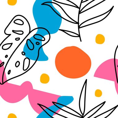 Parlak şekilli tropikal yapraklı kusursuz vektör deseni. Bitkilerle ve modaya uygun renklerde elle çizilmiş noktalarla yazdır. Tekstil, duvar kağıdı, sosyal medya, ağ, ambalaj kağıdı, ambalaj kağıdı için tasarımlar.