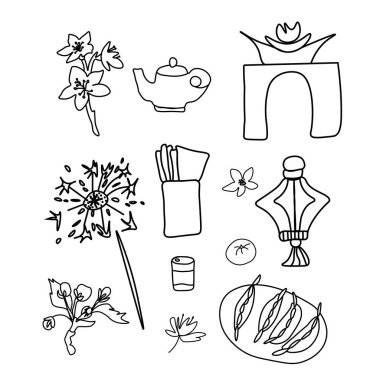 Çin Yeni Yılı için bir dizi illüstrasyon. Resim hamuru koleksiyonu, çaydanlık, para, bira, havai fişek, mandalina, fener, sakura içeren zarf. Kartlar, ambalaj, sosyal medya, posterleri..