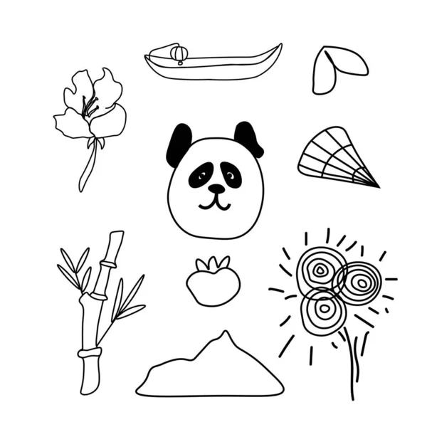 Vektorkészlet Illusztrációk Kínai Újév Gyűjteménye Képek Panda Csónak Ventilátor Datolyaszilva — Stock Vector