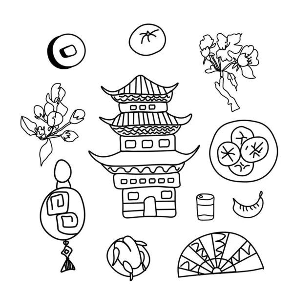 Conjunto Vetorial Ilustrações Para Ano Novo Chinês Coleção Imagens Pagode —  Vetores de Stock