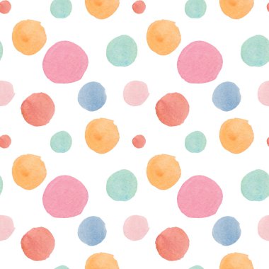 Renkli suluboya desenleri. Üzerinde pembe, turuncu, yeşil, beyaz, izole edilmiş arka plan boyalı daireler olan desenler. Tekstil, sosyal medya, ambalaj kağıdı,.