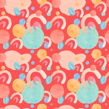 Renkli suluboya desenleri. Üzerinde pembe, turuncu, yeşil, kırmızı, izole edilmiş arka plan boyalı daireler olan desenler. Tekstil, sosyal medya, ambalaj kağıdı,.