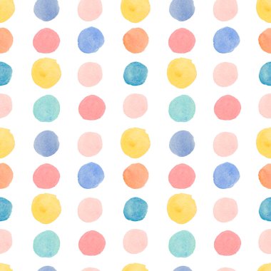 Renkli suluboya desenler. Mavi, sarı, pembe ve beyaz arka plan boyalı daireler. Tekstil, sosyal medya, ambalaj kağıdı,.