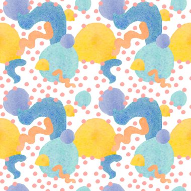 Renkli suluboya desenler. Sarı, mavi, pembe ve izole edilmiş arka plan boyalı halkalar. Tekstil, sosyal medya, ambalaj kağıdı, kumaş, kumaş için tasarımlar..