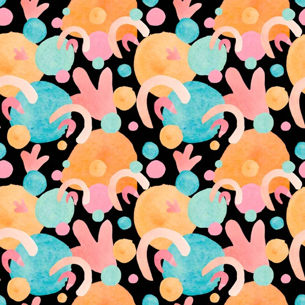 Watercolor abstract seamless pattern in on-trend colors.Print with circles in pink,green,blue,orange on black isolated background hand painted.Designs for textiles,social media,wrapping paper,fabric.