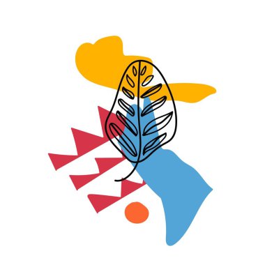 Parlak noktaların ve tropikal yaprak el çizimlerinin vektör bileşimi. Eğilimli renklerde soyut illüstrasyon ve beyaz arka planda kalanthea bitkileri. Tişörtler, çıkartmalar, ambalajlar, kartlar için tasarım