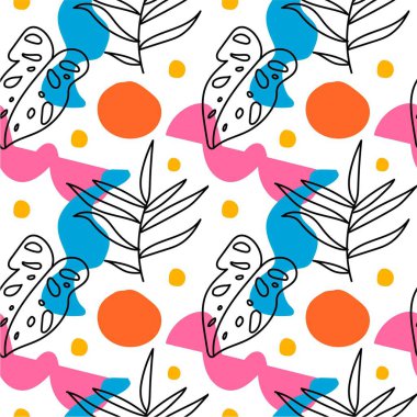 Şekle sahip kusursuz vektör deseni, tropikal yapraklar modaya uygun renk. Beyaz yalıtılmış arka planda parlak el çizimleri olan soyut baskı. Tekstil, duvar kağıdı, kumaş, ambalaj kağıdı için tasarım.