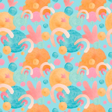 Turkuaz izole arka planda soyut şekillere sahip suluboya desenleri. Uzay turuncusu, pembe, el boyası dokular ile mavi baskı. Tekstil, duvar kağıdı, ambalaj kağıdı,.