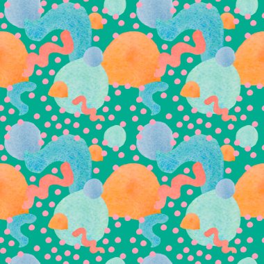 Yeşil yalıtılmış arka planda soyut şekillere sahip suluboya deseni. Pembe, turuncu, el boyalı desenli turkuaz baskı. Tekstil, duvar kağıdı, ambalaj kağıdı,.