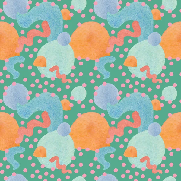 Yeşil yalıtılmış arka planda soyut şekillere sahip suluboya deseni. Pembe, turuncu, el boyalı desenli turkuaz baskı. Tekstil, duvar kağıdı, ambalaj kağıdı,.