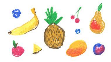 Çocuk tarzında balmumu boya kalemleriyle çizilmiş meyveler. Ananas, muz, böğürtlen, erik, armut, mango, renkli kalemlerle çizilmiş elma eli. Kartpostallar, sosyal medya, posterler..
