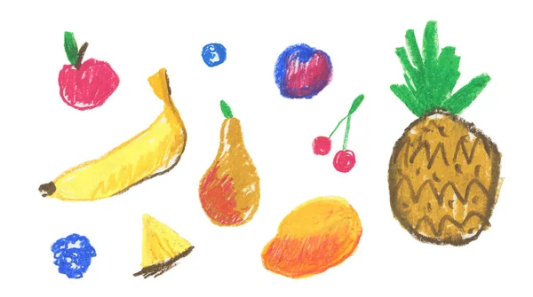 Uppsättning Illustrationer Med Frukt Ritad Med Vaxkritor Barnstil Ananas Banan — Stockfoto