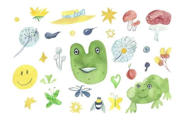 水彩画生日插图设置成流行色彩 以青蛙 蝴蝶橡子 笑脸为背景的美学藏品 — 图库照片