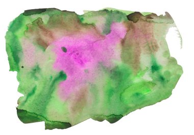 Pembe ve yeşil lekeli renkli suluboya lekesi. İzole edilmiş beyaz arka plan üzerinde soyut boya dokusu. El boyası sıçrama. Sosyal medya, ambalaj, web, poster tasarımı.