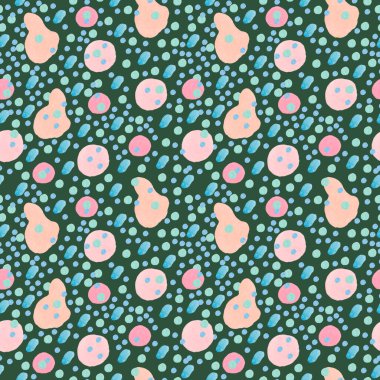 Açık renk şekilli dikişsiz suluboya desen. Yeşil izole arkaplanda lekeli ve lekeli çocukların parmak izleri. Karışık medya sanatı. Kumaş, ambalaj kağıdı ve tekstil tasarımları.