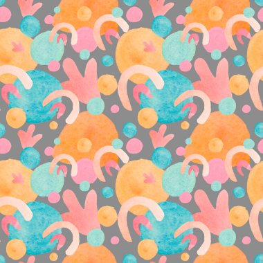 Suluboya desenli, soyut parlak renkli şekiller. Gri izole arkaplanda lekeli ve lekeli çocukların parmak izleri. Karışık medya sanatı. Kumaş, ambalaj kağıdı ve tekstil tasarımları.