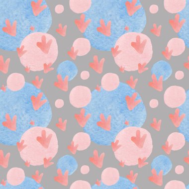 Yumuşak gölgeli sulu boya deseni. Gri izole arkaplanda lekeler ve lekeler olan bebek baskısı. Karışık medya sanatı. Kumaş, ambalaj kağıdı ve tekstil tasarımları.