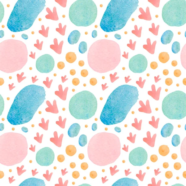 Watercolor seamless pattern with abstract shapes in a gentle hue.Baby print on white isolated background with spots and blotches. Mixed media art. Designs for fabric, wrapping paper, textiles