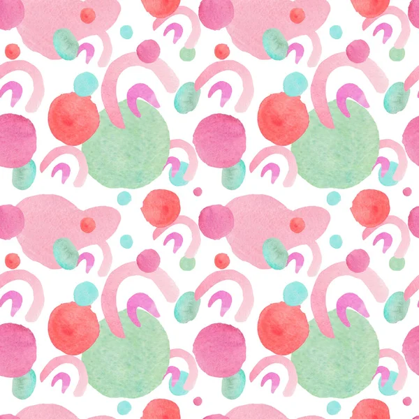 Watercolor seamless pattern with abstract shapes in a gentle hue.Baby print on white isolated background with spots and blotches. Mixed media art. Designs for fabric, wrapping paper, textiles.