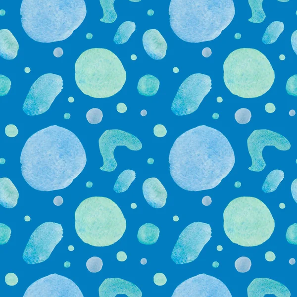 Watercolor seamless pattern with abstract shapes in delicate shades.Baby print on blue isolated background with spots and blotches.  Mixed media art. Designs for fabric, wrapping paper, textiles.