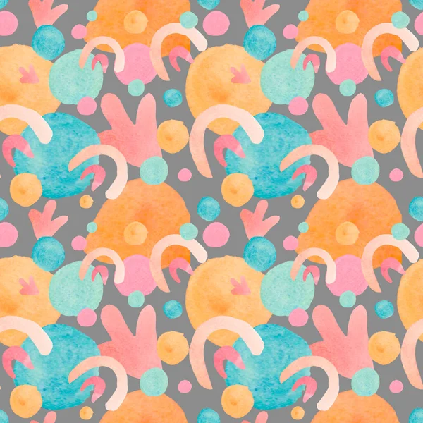 Watercolor seamless pattern with abstract shapes in bright colors.Children's print on gray isolated background with spots and blotches.  Mixed media art. Designs for fabric, wrapping paper, textiles.
