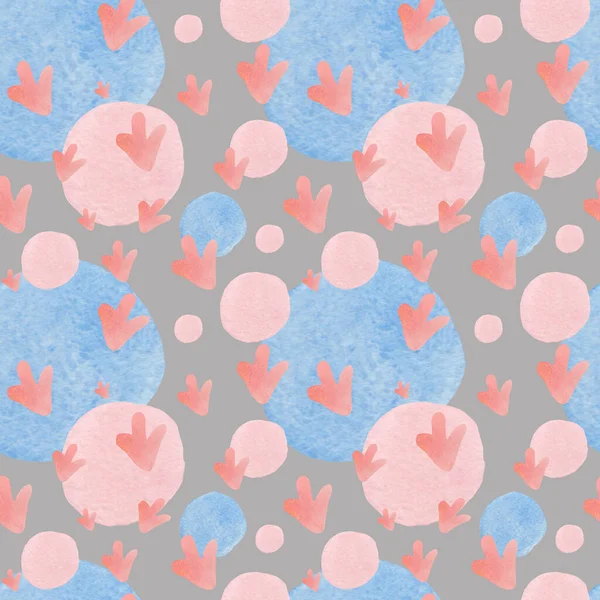 Watercolor seamless pattern with abstract shapes in gentle shades.Baby print on gray isolated background with spots and blotches.Mixed media art. Designs for fabric, wrapping paper, textiles.
