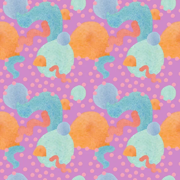 Watercolor seamless pattern with abstract shapes in delicate shades.Baby print on fuchsia isolated background with spots and blotches.  Mixed media art. Designs for fabric, wrapping paper, textiles.