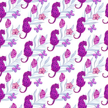 Sulu boya leoparı, kelebekler, orkide ve tropikal yapraklı kusursuz desen. Mor, pembe, turkuaz, morumsu, beyaz yalıtılmış arka planda eflatun rengi. Tekstil tasarımları, ambalaj kağıtları..