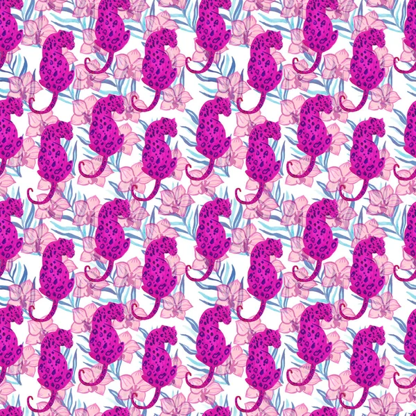 Sulu boya leoparı, kelebekler, orkide ve tropikal yapraklı kusursuz desen. Mor, pembe, turkuaz, morumsu, beyaz yalıtılmış arka planda eflatun rengi. Tekstil tasarımları, ambalaj kağıtları..