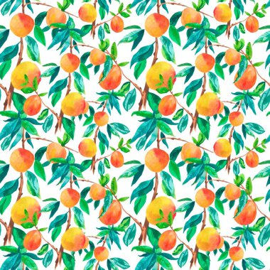 Şeftalili kusursuz suluboya deseni. Yaz, turuncu meyveli botanik baskısı beyaz izole edilmiş arka planda. Tekstil, kumaş, ambalaj kağıdı, web, sosyal medya tasarımları..
