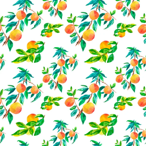 Seamless Watercolor Pattern Peaches Summer Botanical Print Delicious Fruit Orange — Stock Photo, Image