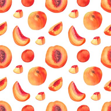 Şeftalili kusursuz suluboya deseni. Yaz, turuncu meyveli botanik baskısı beyaz izole edilmiş arka planda. Tekstil, kumaş, ambalaj kağıdı, web, sosyal medya tasarımları..