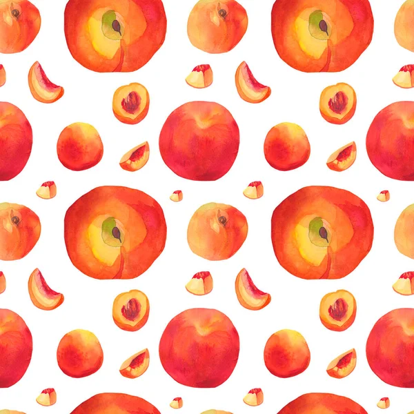 桃とシームレスな水彩模様 白い孤立した手にオレンジでおいしい果物と植物プリントは背景を描いた 包装紙 ウェブ ソーシャルメディアのためのデザイン — ストック写真