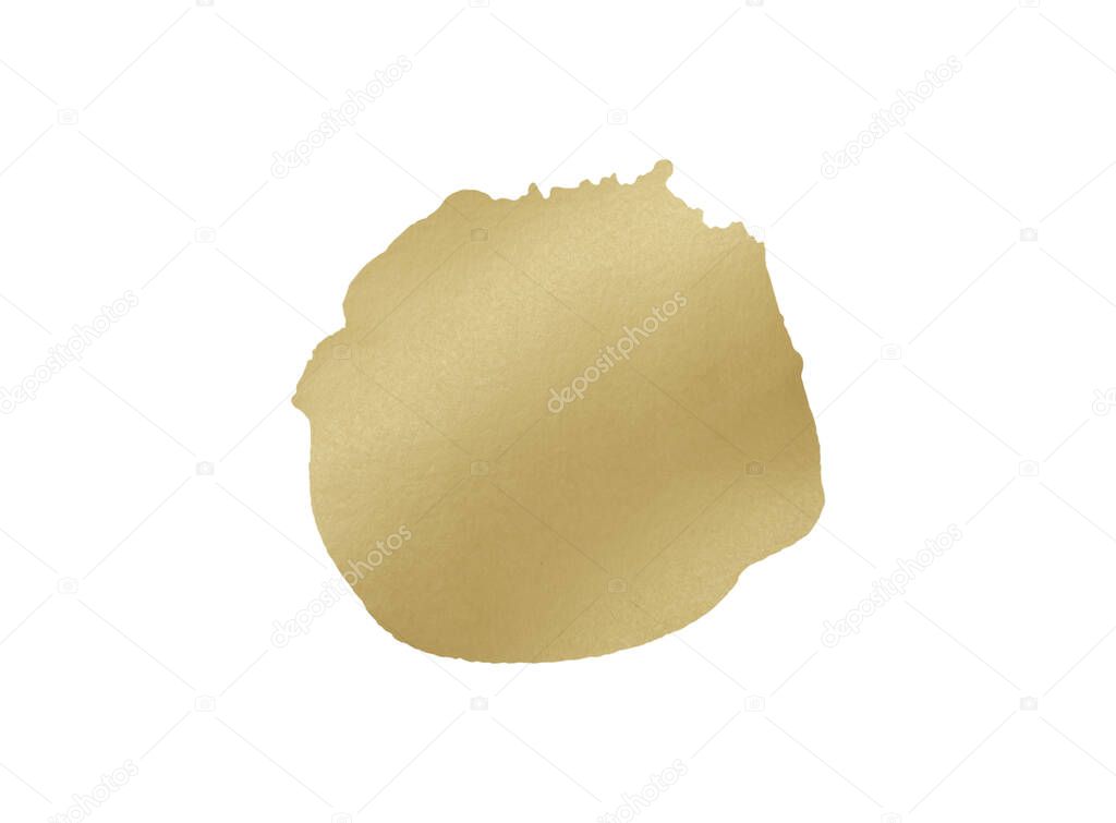 Abstract gold texture blot .A stain of luxurious hand drawn paint on a white isolated background. Vintage picture drop and splash,round spot,stain,splatter. Design for web, social media, packaging.