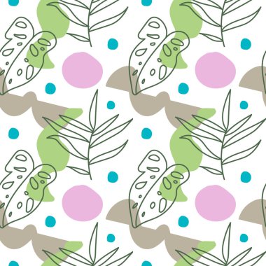 Şekle sahip kusursuz vektör deseni, tropikal yapraklar modaya uygun renk. Beyaz yalıtılmış arka planda estetik el yazısıyla soyut baskılar. Tekstil, duvar kağıdı, kumaş, ambalaj kağıdı için tasarım.