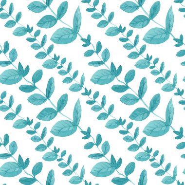 Beyaz yalıtılmış arka planda turkuaz okaliptüslü kusursuz desen. Elle boyanmış suluboya tekniğiyle botanik düğün yaprağı izi. Kumaş, ambalaj kağıdı, ağ tasarımları.