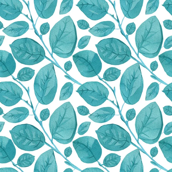Seamless pattern with turquoise eucalyptus on white isolated background. Botanical wedding leaf print in hand-painted watercolor technique. Designs for fabric, wrapping paper, web.