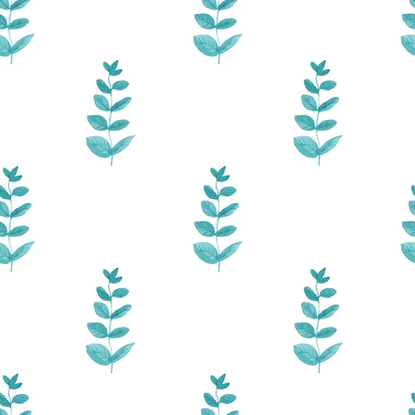 Sömlöst Mönster Med Turkos Eukalyptus Vit Isolerad Bakgrund Botanisk Bröllopsbladstryck — Stockfoto